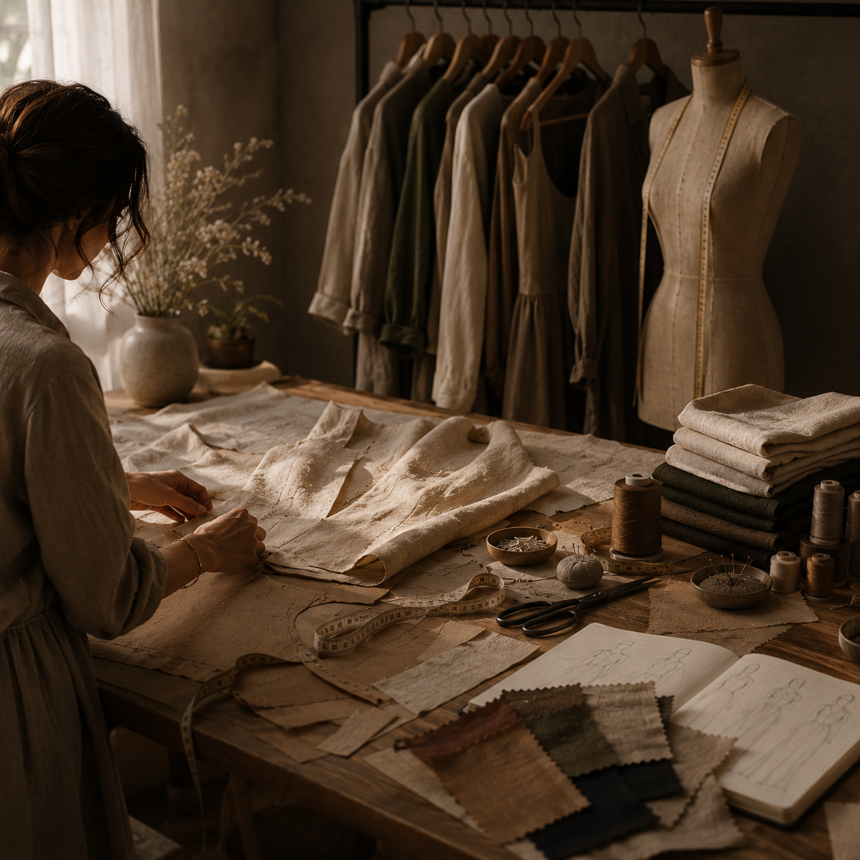 A maker laying out pattern pieces beside a rack of finished garments