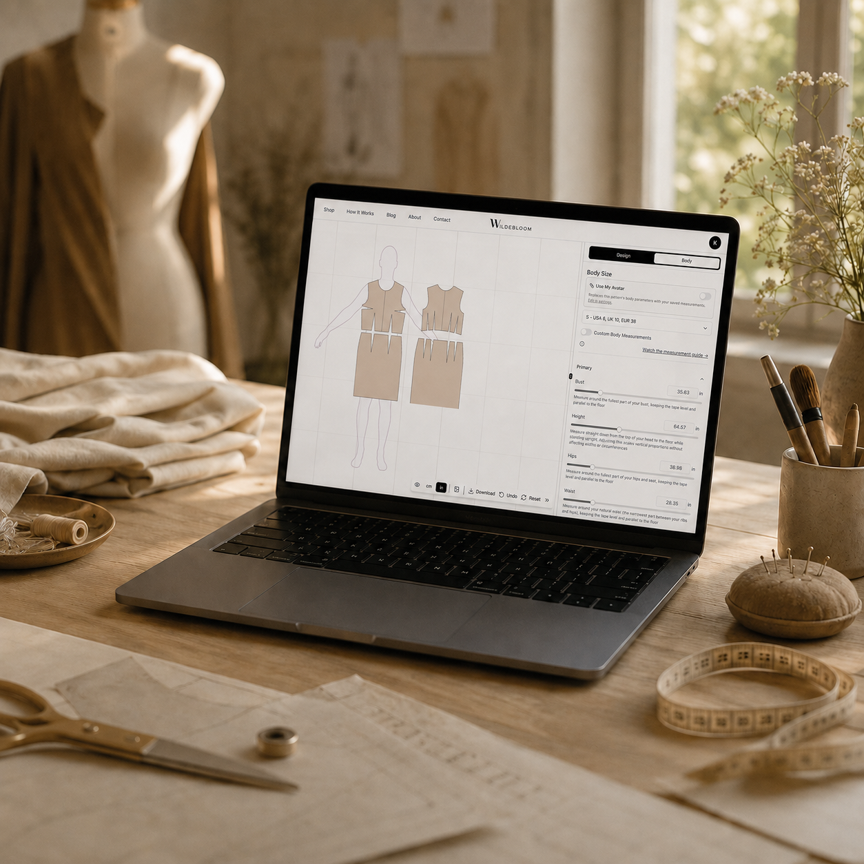 The Wildebloom design tool open on a maker's worktable